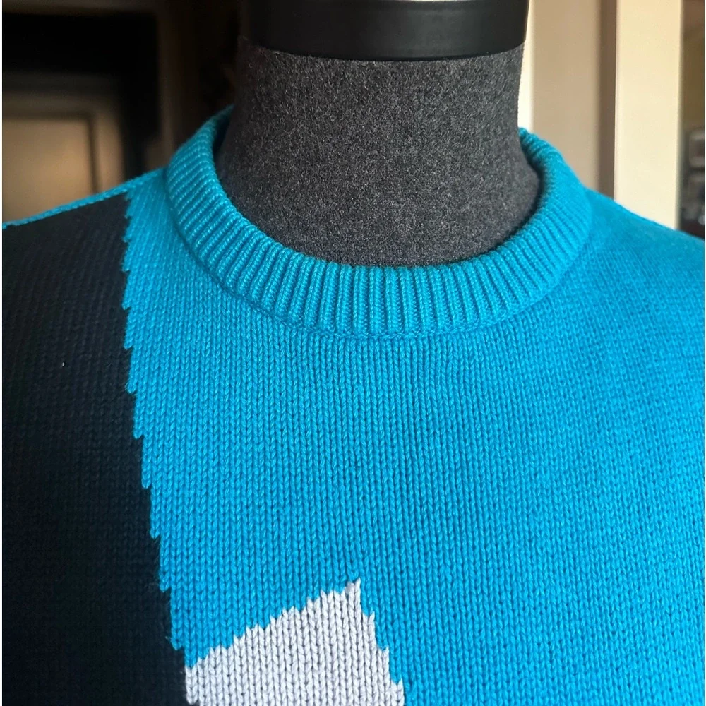 LACOSTE 🐊 Men’s Vintage Blue & Black Geometric All Cotton LS Sweater - Size LG - Picture 4 of 12